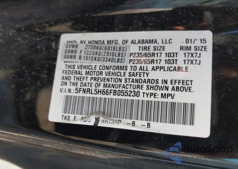 2015 Honda Odyssey Ex-L z USA, uszkodzony, nr VIN 5FNRL5H66FB055230